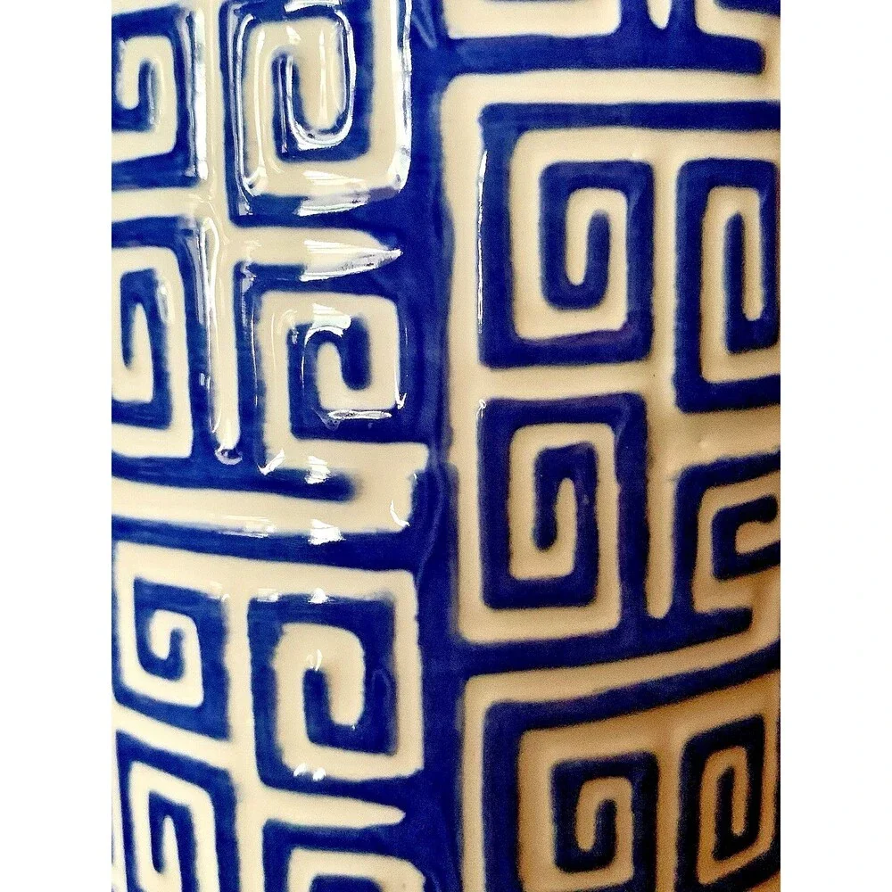 Vtg Inspired Blue White Greek Key Ceramic Vase Chinoiserie Hollywood Regency 10